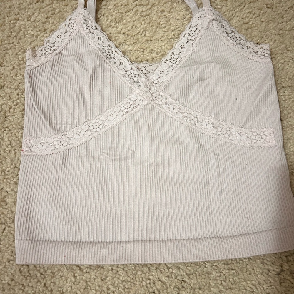 Lace Trim Ribbed Crop Top - Cream